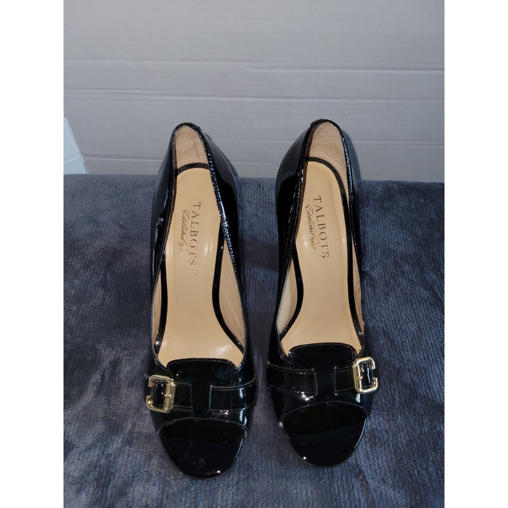 Talbots Black Patent Leather Block Pump Pilgrim Peep Toe  Buckle Size‎ 7B Witchy